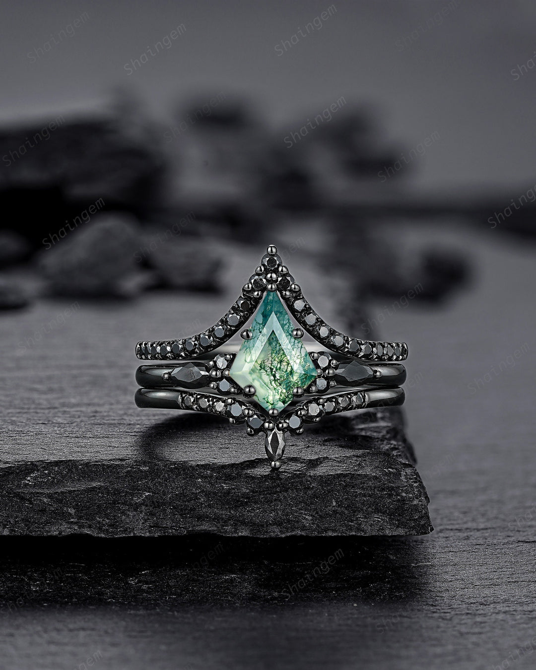 3PCS Gothic Kite Cut Moss Agate Black Engagement Ring Set, Witchy Black Gold Promise Ring, Vintage Rhodium Black Wedding Ring Gift for Women - ShainJewelry