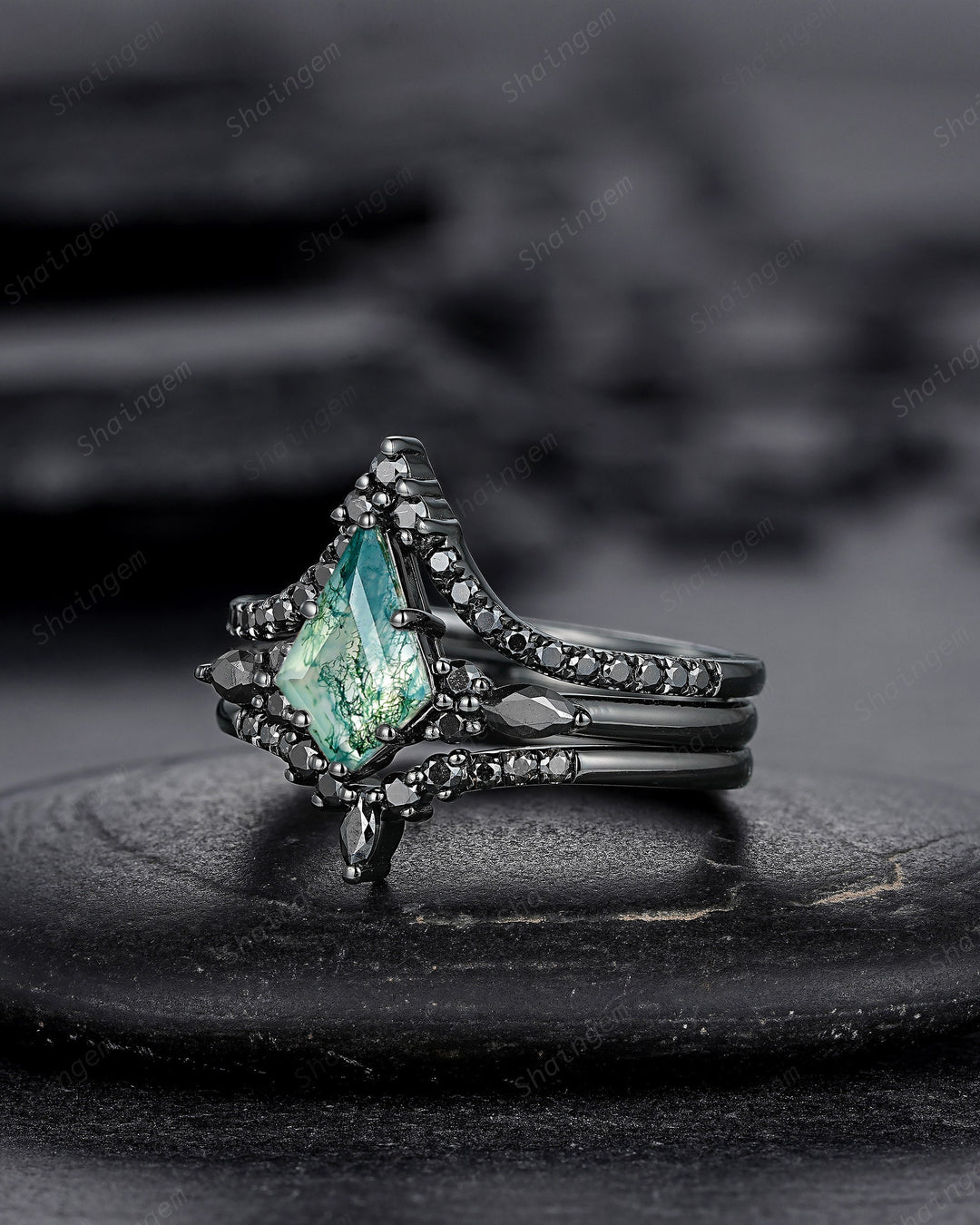 3PCS Gothic Kite Cut Moss Agate Black Engagement Ring Set, Witchy Black Gold Promise Ring, Vintage Rhodium Black Wedding Ring Gift for Women - ShainJewelry