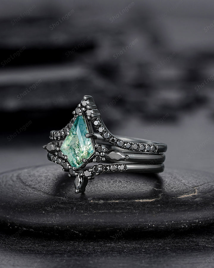 3PCS Gothic Kite Cut Moss Agate Black Engagement Ring Set, Witchy Black Gold Promise Ring, Vintage Rhodium Black Wedding Ring Gift for Women - ShainJewelry