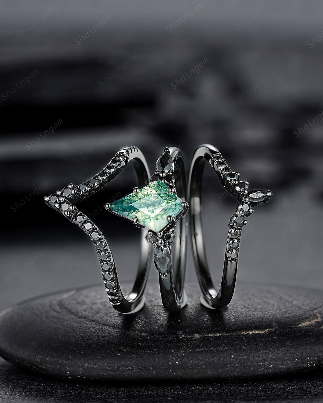 3PCS Gothic Kite Cut Moss Agate Black Engagement Ring Set, Witchy Black Gold Promise Ring, Vintage Rhodium Black Wedding Ring Gift for Women - ShainJewelry