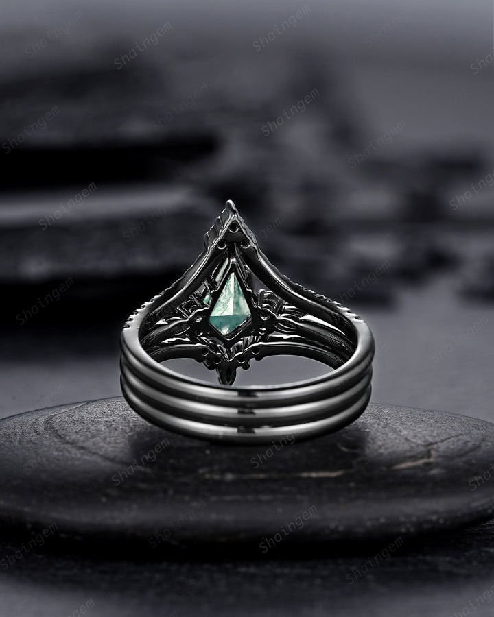 3PCS Gothic Kite Cut Moss Agate Black Engagement Ring Set, Witchy Black Gold Promise Ring, Vintage Rhodium Black Wedding Ring Gift for Women - ShainJewelry