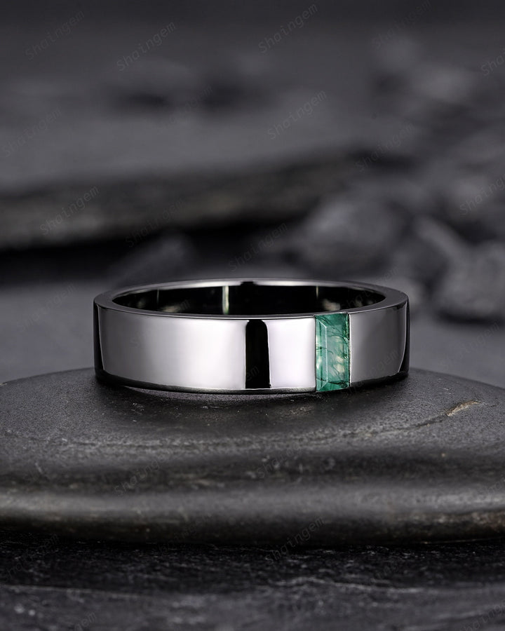 Black Gold Moss Agate Men's Engagement Band, Baguette Agate Men's Straight Wedding Band, Gothic Promise Ring, Black Rhodium Anniversary Ring - ShainJewelry