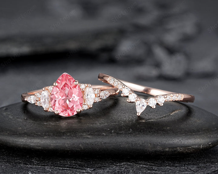 Pear Shape Padparadscha Pink Sapphire Engagement Ring Set, Unique Sapphire Bridal Set, 14K Rose Gold Promise Ring Wedding Ring for Women - ShainJewelry