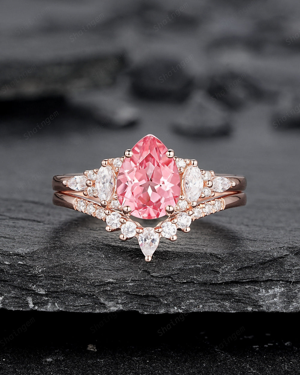 Pear Shape Padparadscha Pink Sapphire Engagement Ring Set, Unique Sapphire Bridal Set, 14K Rose Gold Promise Ring Wedding Ring for Women - ShainJewelry