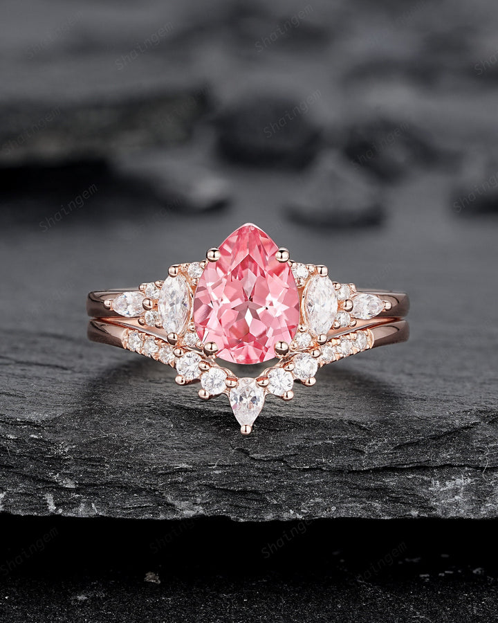 Pear Shape Padparadscha Pink Sapphire Engagement Ring Set, Unique Sapphire Bridal Set, 14K Rose Gold Promise Ring Wedding Ring for Women - ShainJewelry