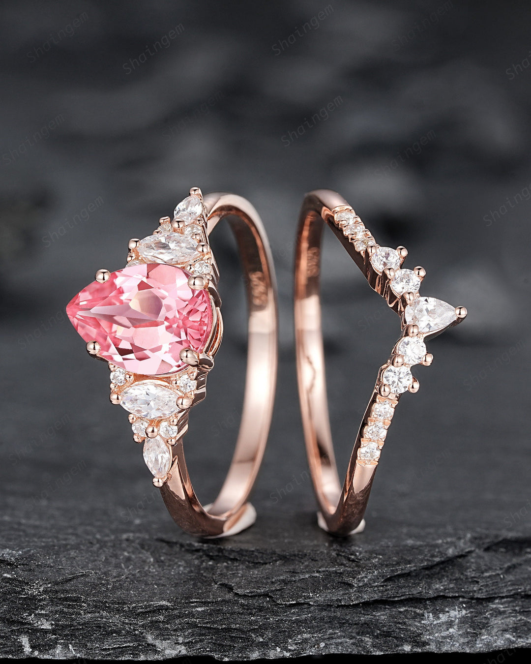 Pear Shape Padparadscha Pink Sapphire Engagement Ring Set, Unique Sapphire Bridal Set, 14K Rose Gold Promise Ring Wedding Ring for Women - ShainJewelry