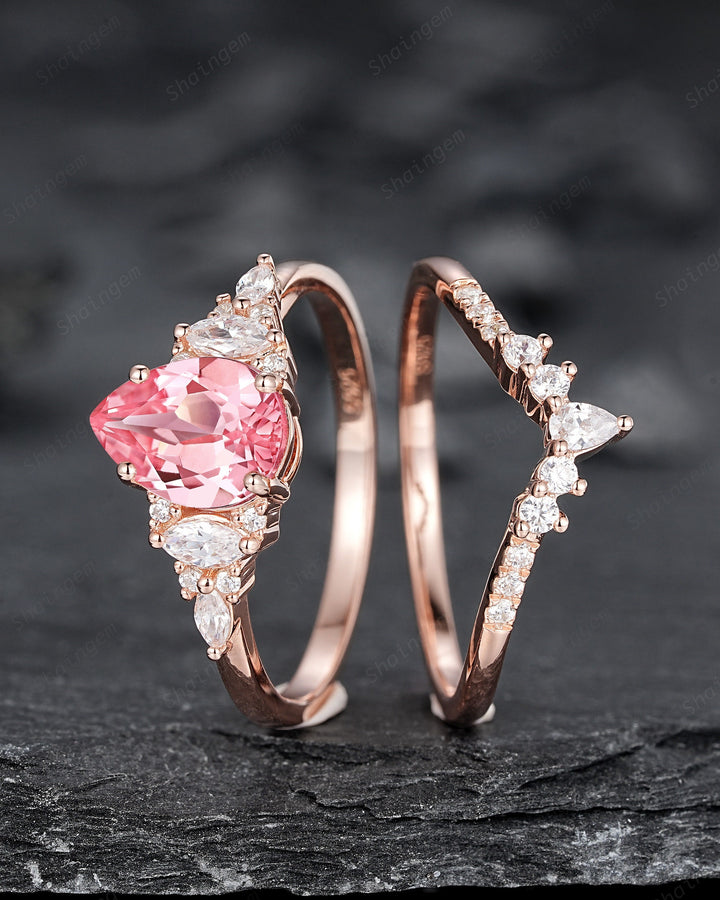 Pear Shape Padparadscha Pink Sapphire Engagement Ring Set, Unique Sapphire Bridal Set, 14K Rose Gold Promise Ring Wedding Ring for Women - ShainJewelry