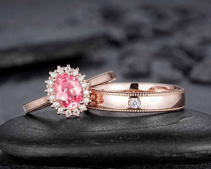 His and Hers Padparadscha Pink Sapphire Halo Wedding Band, Rose Gold Matching Band, Couple Engagement Ring, Milgrain Men's Band Promise Ring - ShainJewelry