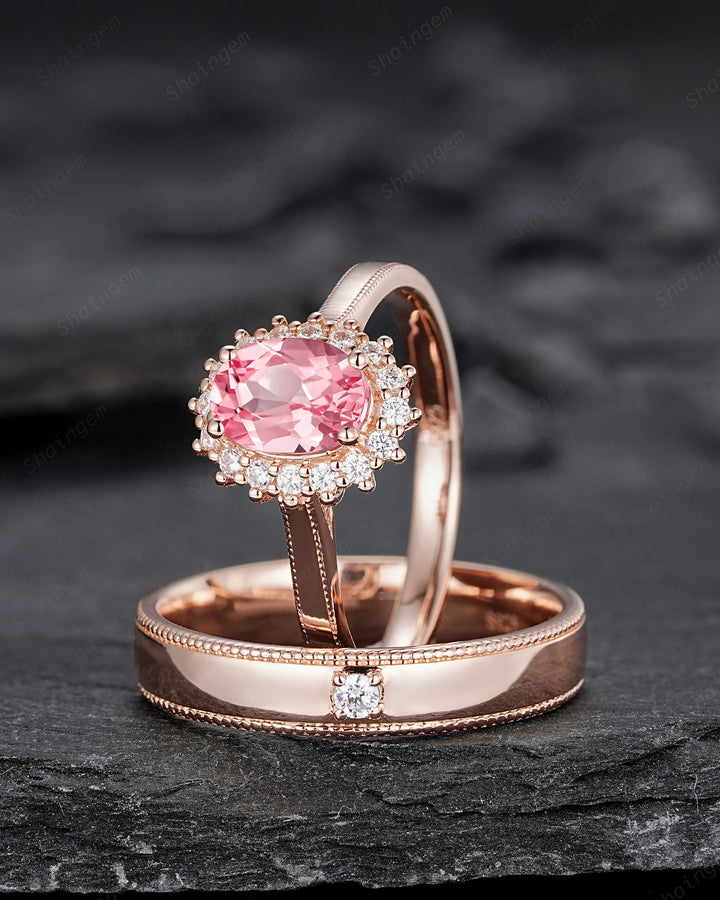 His and Hers Padparadscha Pink Sapphire Halo Wedding Band, Rose Gold Matching Band, Couple Engagement Ring, Milgrain Men's Band Promise Ring - ShainJewelry