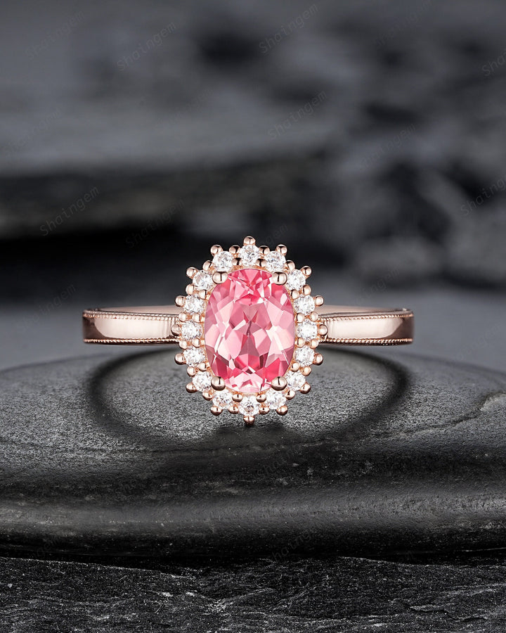 His and Hers Padparadscha Pink Sapphire Halo Wedding Band, Rose Gold Matching Band, Couple Engagement Ring, Milgrain Men's Band Promise Ring - ShainJewelry