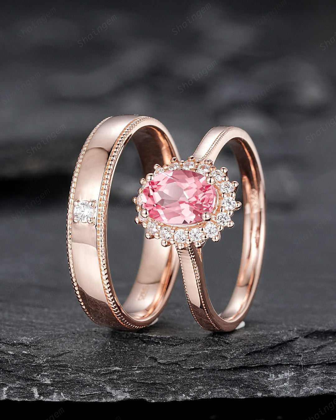 His and Hers Padparadscha Pink Sapphire Halo Wedding Band, Rose Gold Matching Band, Couple Engagement Ring, Milgrain Men's Band Promise Ring - ShainJewelry