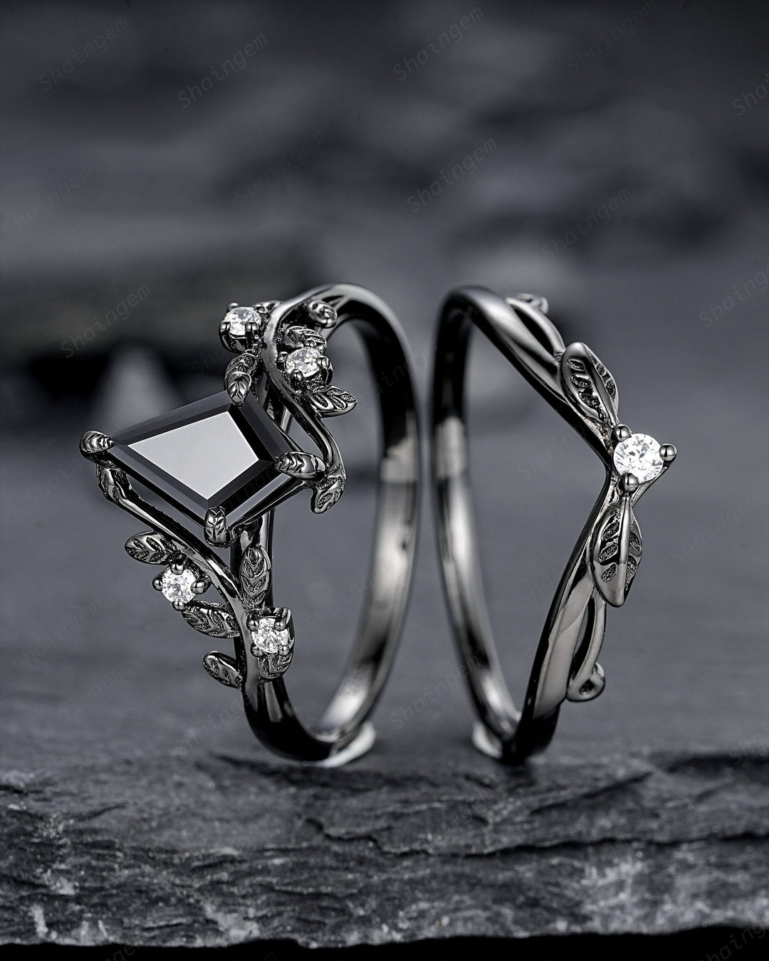 Gothic Black Gold Kite Cut Black Moissanite Leaf Engagement Ring, Nature Inspired Twig Branch Promise Ring, Black Rhodium Wedding Ring Gift - ShainJewelry