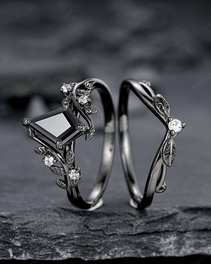Gothic Black Gold Kite Cut Black Moissanite Leaf Engagement Ring, Nature Inspired Twig Branch Promise Ring, Black Rhodium Wedding Ring Gift - ShainJewelry