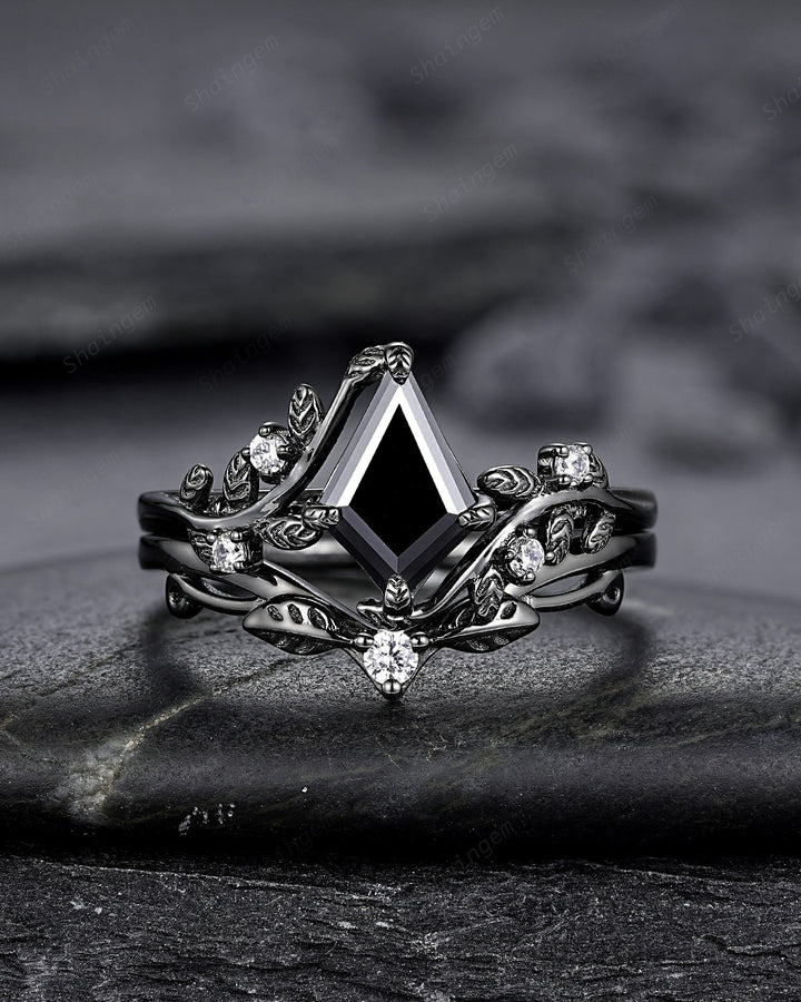 Gothic Black Gold Kite Cut Black Moissanite Leaf Engagement Ring, Nature Inspired Twig Branch Promise Ring, Black Rhodium Wedding Ring Gift - ShainJewelry