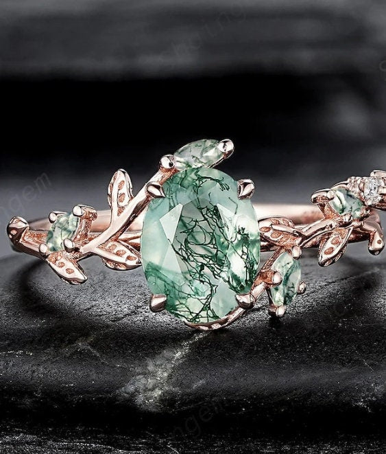 Nature Inspired Moss Agate Leaf Engagement Ring Set, Oval Shape Mossy Agate Rose Gold Wedding Set, Twig Branch Bridal Set Anniversary Ring - ShainJewelry