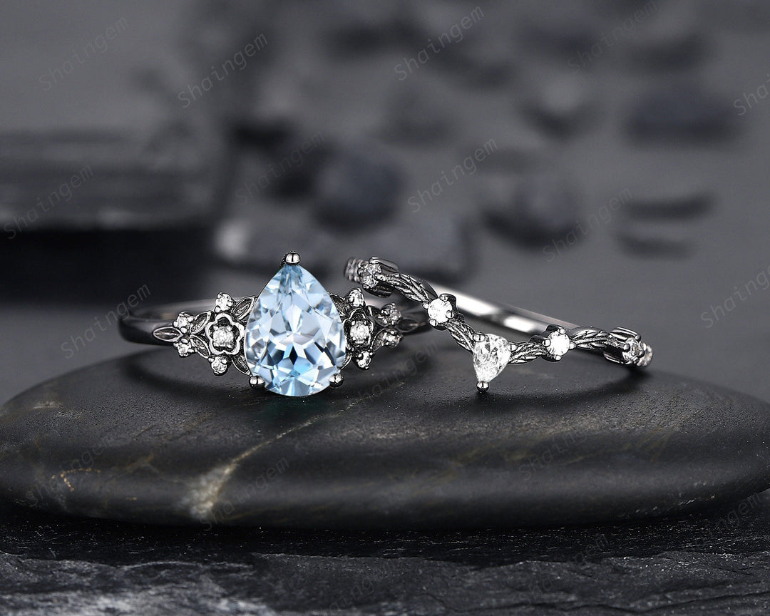 Gothic Black Gold Pear Cut Aquamarine Engagement Ring, Black Floral Promise Ring , Unique Black Rhodium Wedding Ring Bridal Set Gift for her - ShainJewelry