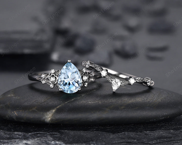 Gothic Black Gold Pear Cut Aquamarine Engagement Ring, Black Floral Promise Ring , Unique Black Rhodium Wedding Ring Bridal Set Gift for her - ShainJewelry