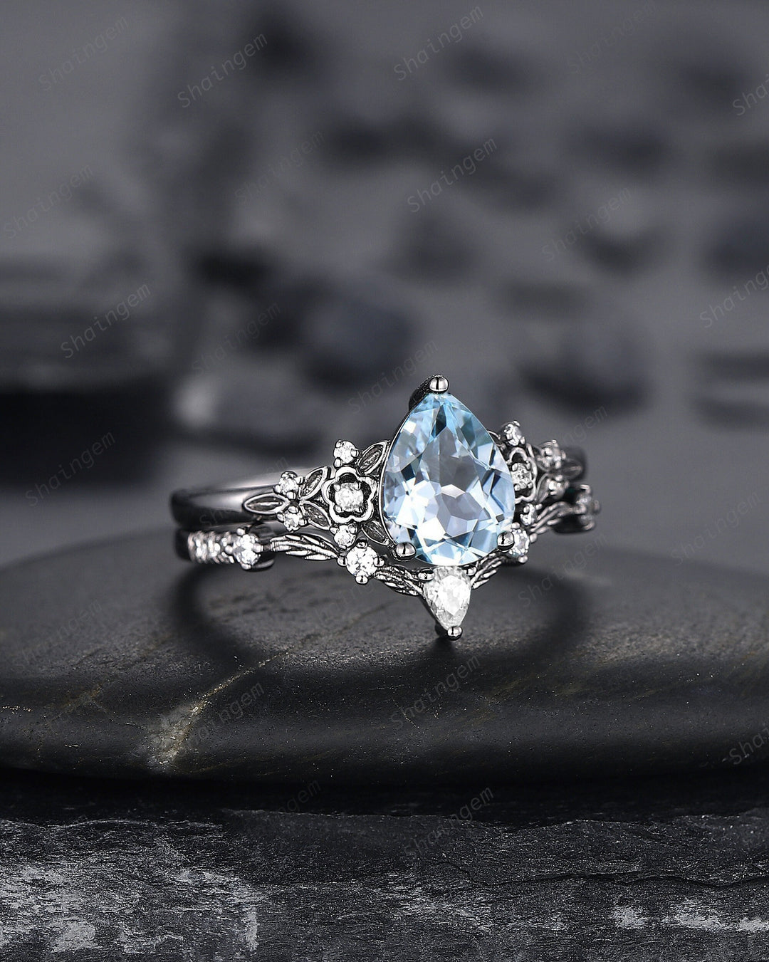 Gothic Black Gold Pear Cut Aquamarine Engagement Ring, Black Floral Promise Ring , Unique Black Rhodium Wedding Ring Bridal Set Gift for her - ShainJewelry