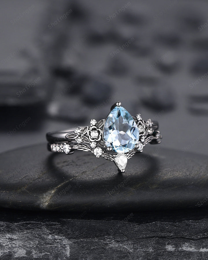 Gothic Black Gold Pear Cut Aquamarine Engagement Ring, Black Floral Promise Ring , Unique Black Rhodium Wedding Ring Bridal Set Gift for her - ShainJewelry