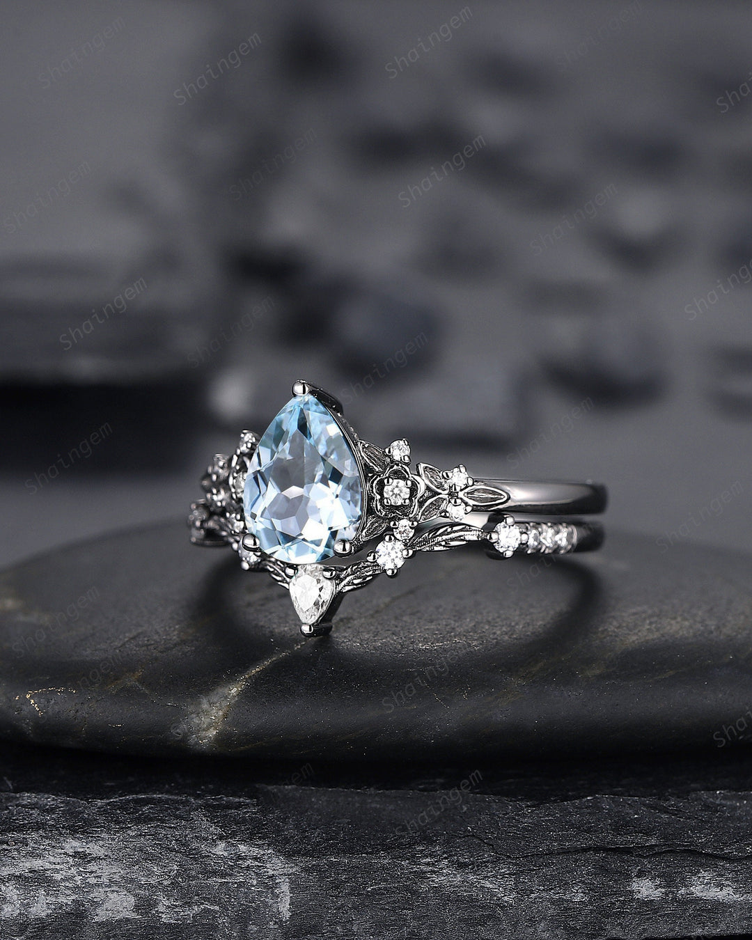 Gothic Black Gold Pear Cut Aquamarine Engagement Ring, Black Floral Promise Ring , Unique Black Rhodium Wedding Ring Bridal Set Gift for her - ShainJewelry