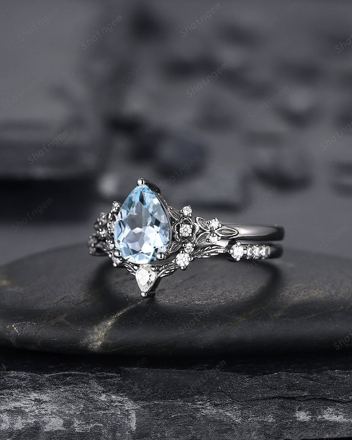 Gothic Black Gold Pear Cut Aquamarine Engagement Ring, Black Floral Promise Ring , Unique Black Rhodium Wedding Ring Bridal Set Gift for her - ShainJewelry
