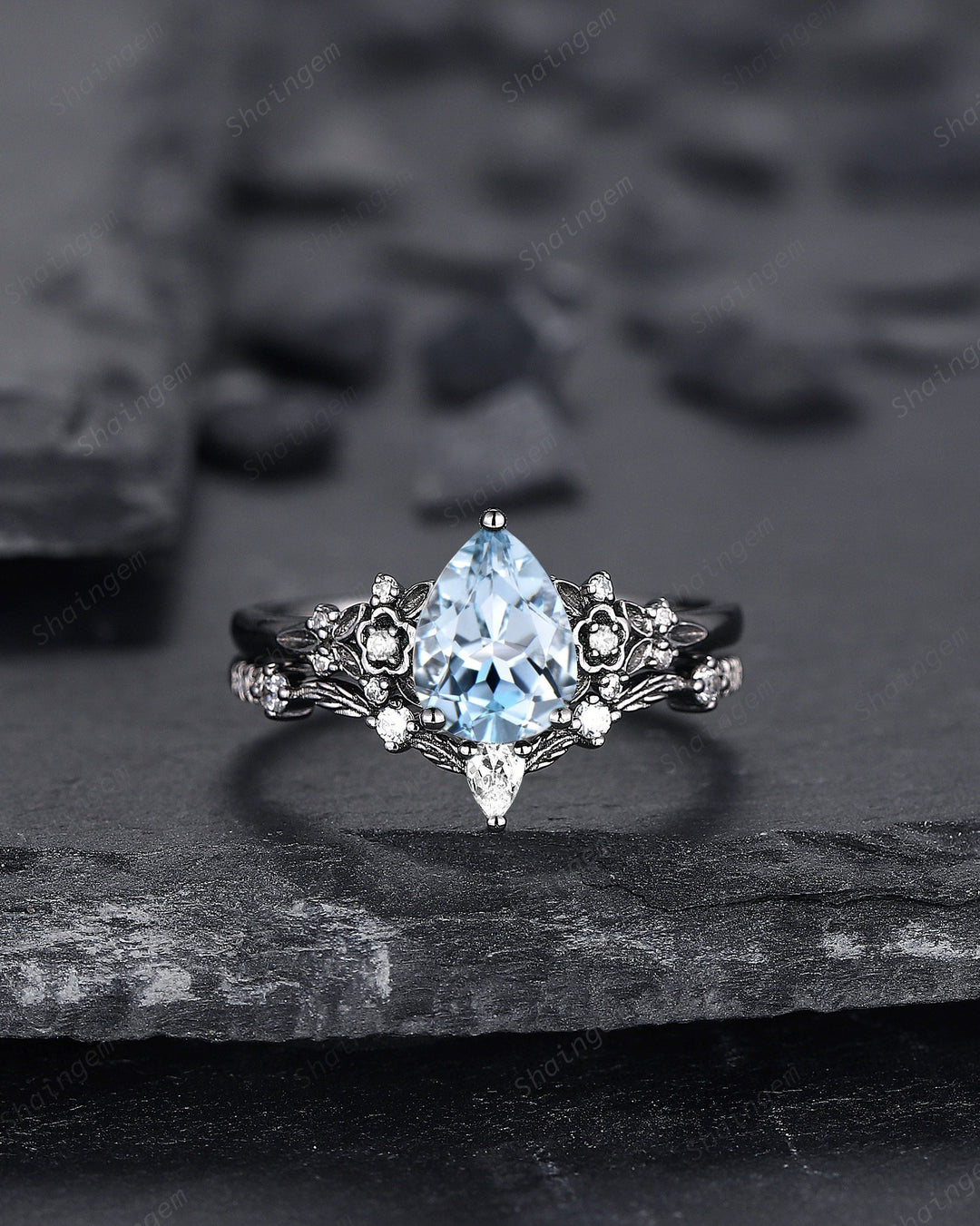 Gothic Black Gold Pear Cut Aquamarine Engagement Ring, Black Floral Promise Ring , Unique Black Rhodium Wedding Ring Bridal Set Gift for her - ShainJewelry