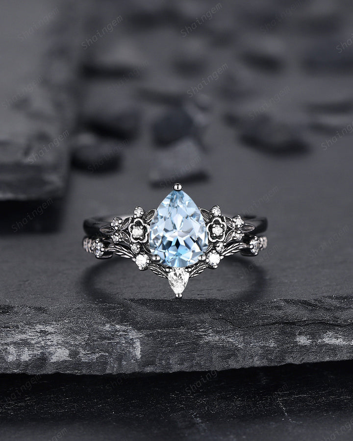 Gothic Black Gold Pear Cut Aquamarine Engagement Ring, Black Floral Promise Ring , Unique Black Rhodium Wedding Ring Bridal Set Gift for her - ShainJewelry