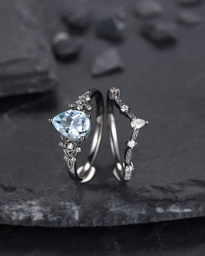 Gothic Black Gold Pear Cut Aquamarine Engagement Ring, Black Floral Promise Ring , Unique Black Rhodium Wedding Ring Bridal Set Gift for her - ShainJewelry