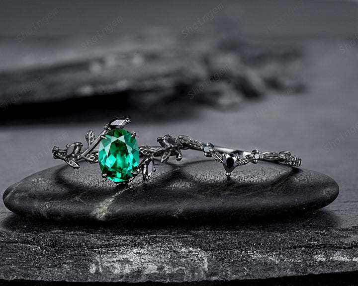 Vintage Black Gold Oval Shape Emerald Leaf Engagement Ring, Unique Rhodium Black Twig Branch Wedding Set, Witchy Promise Ring Gift for Women - ShainJewelry
