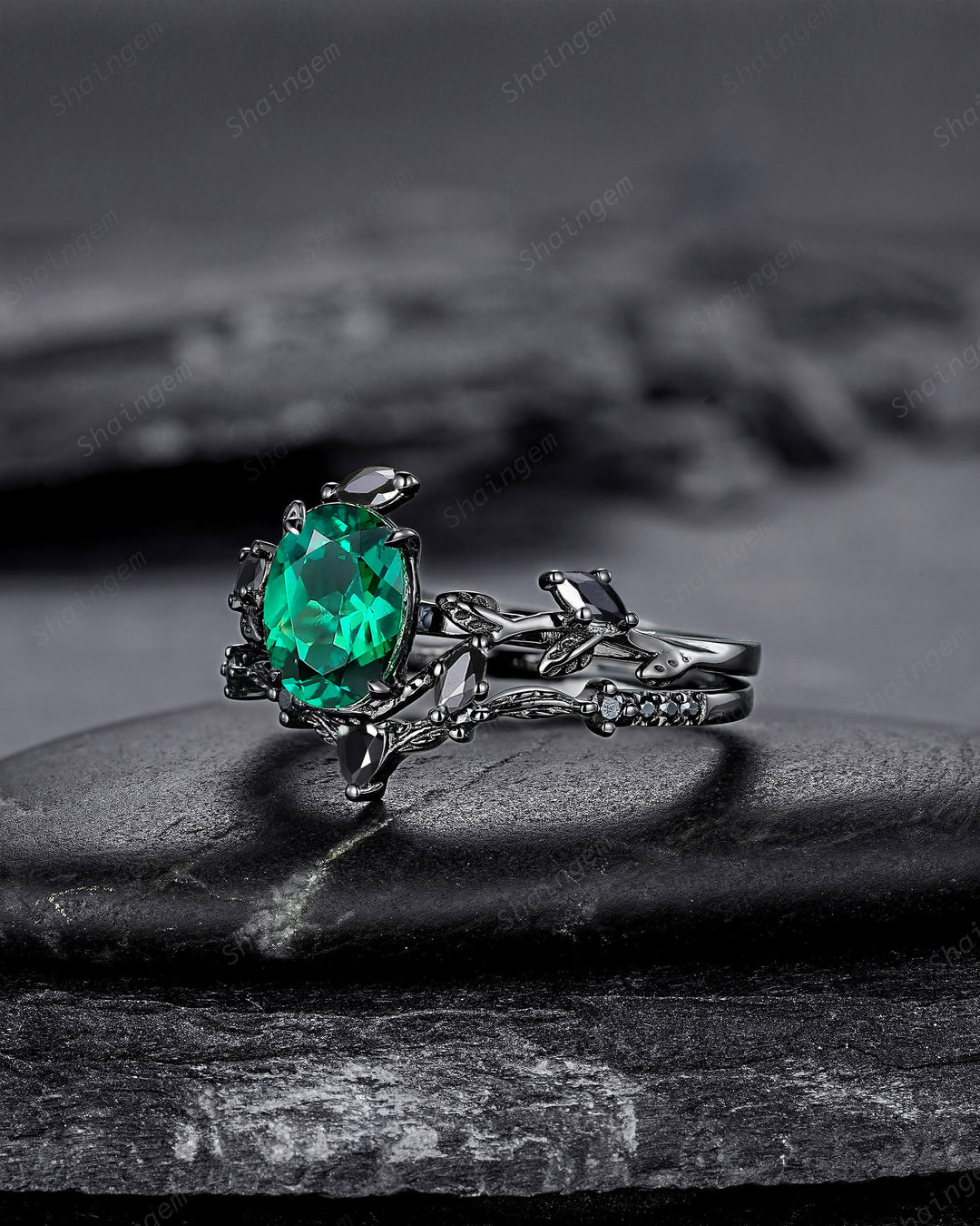 Vintage Black Gold Oval Shape Emerald Leaf Engagement Ring, Unique Rhodium Black Twig Branch Wedding Set, Witchy Promise Ring Gift for Women - ShainJewelry