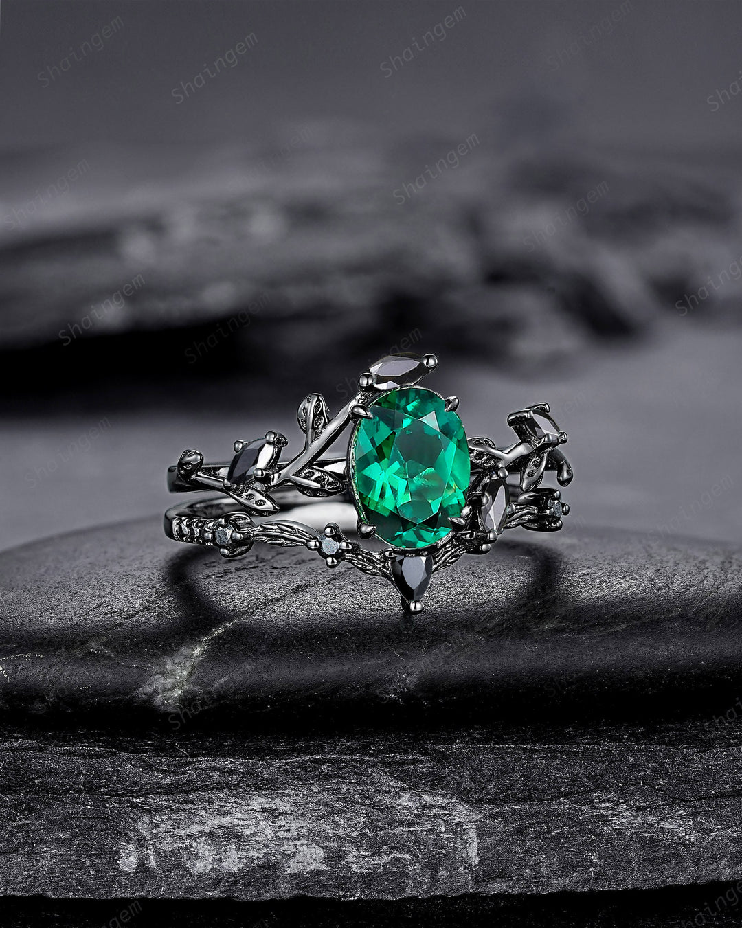 Vintage Black Gold Oval Shape Emerald Leaf Engagement Ring, Unique Rhodium Black Twig Branch Wedding Set, Witchy Promise Ring Gift for Women - ShainJewelry