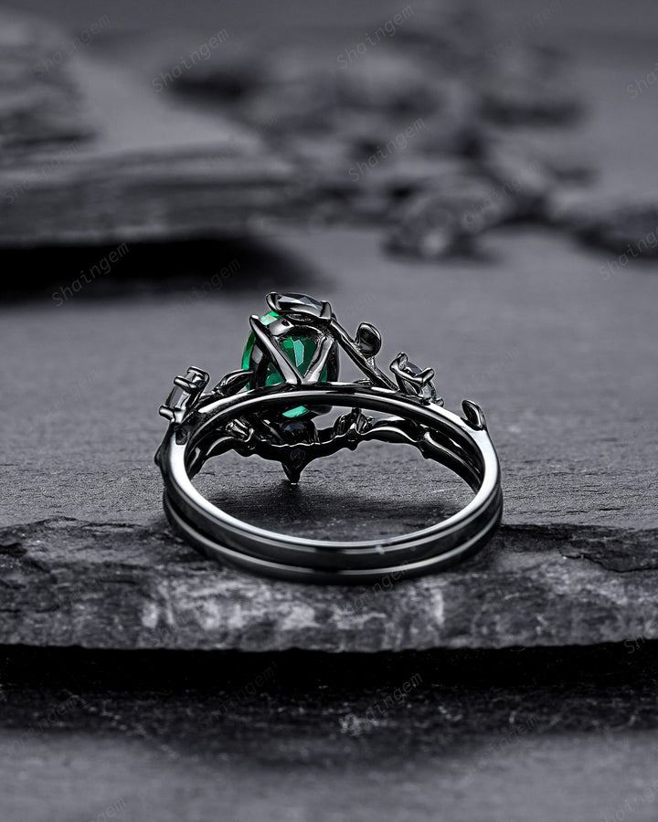 Vintage Black Gold Oval Shape Emerald Leaf Engagement Ring, Unique Rhodium Black Twig Branch Wedding Set, Witchy Promise Ring Gift for Women - ShainJewelry