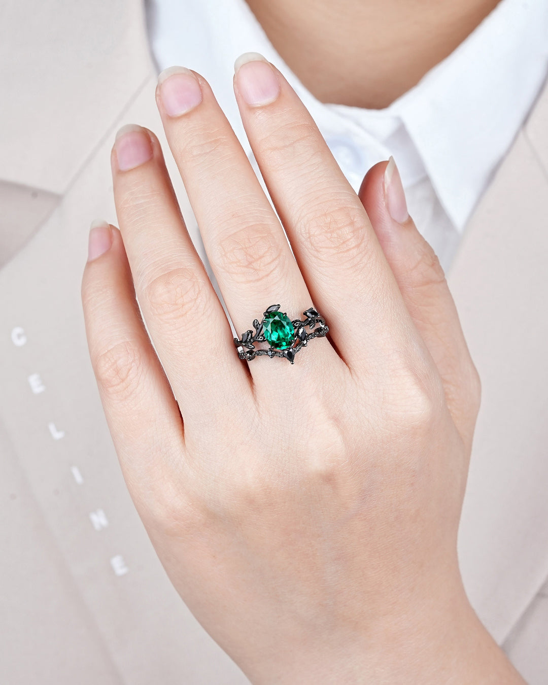 Vintage Black Gold Oval Shape Emerald Leaf Engagement Ring, Unique Rhodium Black Twig Branch Wedding Set, Witchy Promise Ring Gift for Women - ShainJewelry