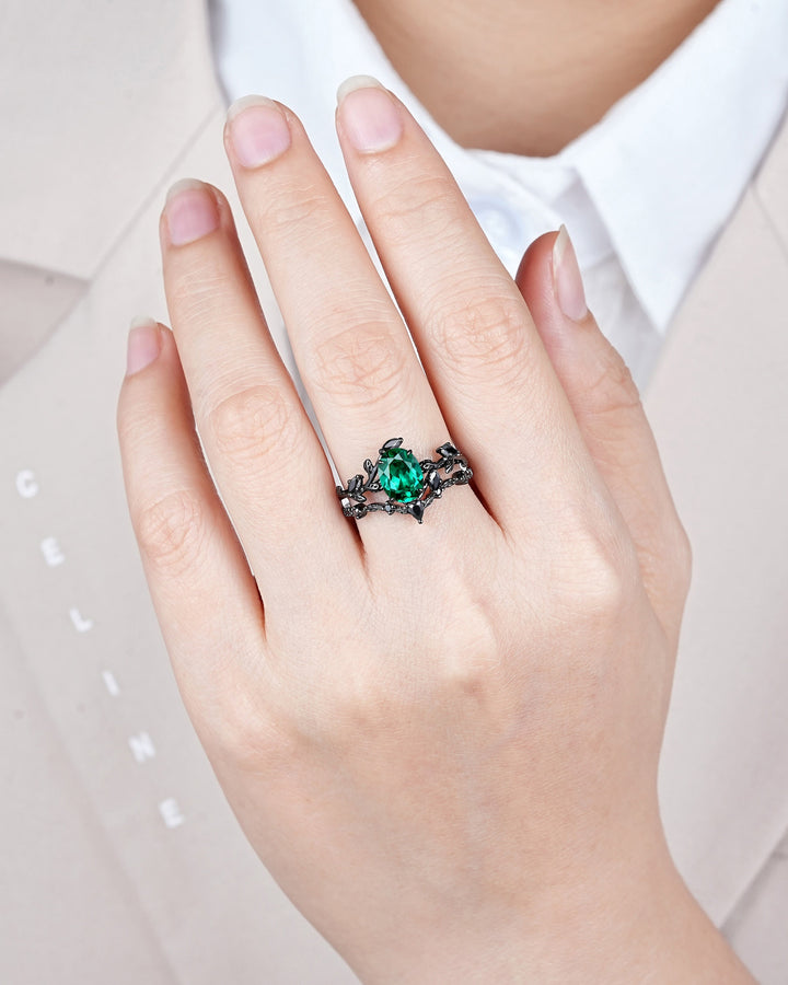 Vintage Black Gold Oval Shape Emerald Leaf Engagement Ring, Unique Rhodium Black Twig Branch Wedding Set, Witchy Promise Ring Gift for Women - ShainJewelry