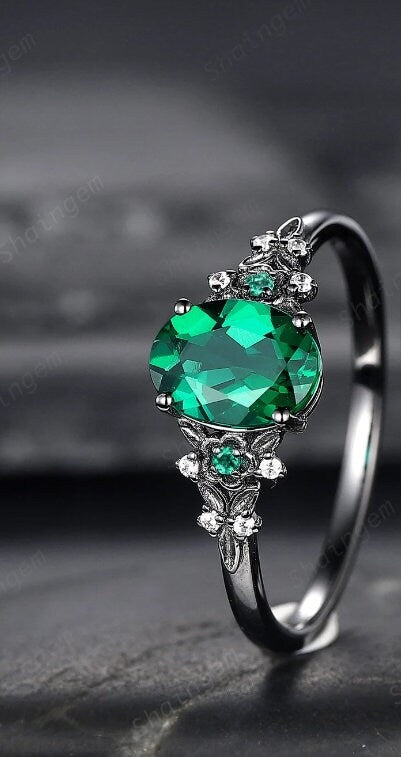 Vintage Black Gold Oval Shape Emerald Engagement Ring, Rhodium Black Emerald Wedding Set, Witchy Bridal Set Promise Ring Black Floral Ring - ShainJewelry