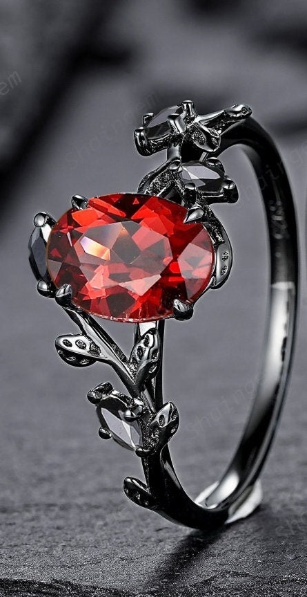 Vintage Black Gold Oval Shape Garnet Leaf Engagement Ring, Unique Rhodium Black Twig Branch Wedding Set, Witchy Promise Ring Gift for Women - ShainJewelry