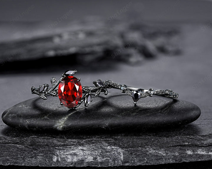 Vintage Black Gold Oval Shape Garnet Leaf Engagement Ring, Unique Rhodium Black Twig Branch Wedding Set, Witchy Promise Ring Gift for Women - ShainJewelry