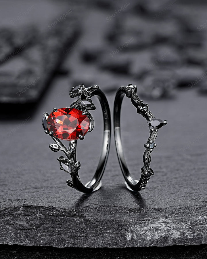 Vintage Black Gold Oval Shape Garnet Leaf Engagement Ring, Unique Rhodium Black Twig Branch Wedding Set, Witchy Promise Ring Gift for Women - ShainJewelry