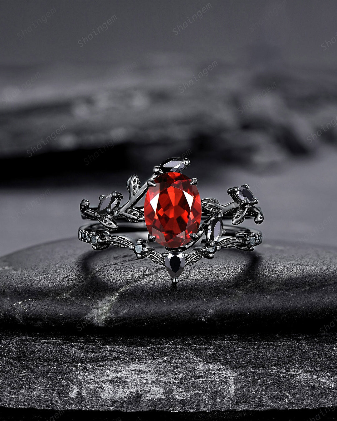 Vintage Black Gold Oval Shape Garnet Leaf Engagement Ring, Unique Rhodium Black Twig Branch Wedding Set, Witchy Promise Ring Gift for Women - ShainJewelry