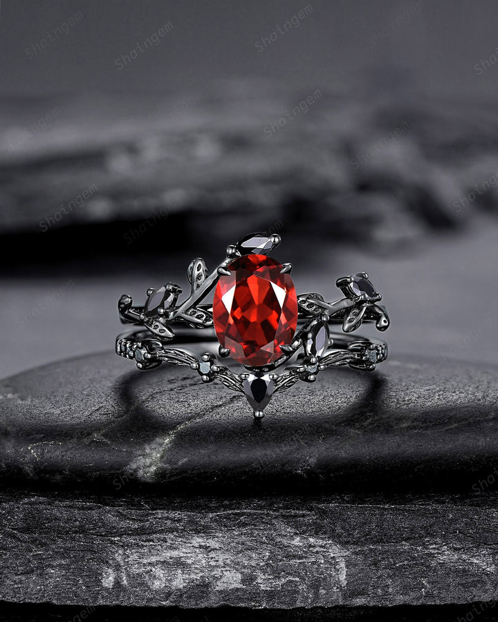 Vintage Black Gold Oval Shape Garnet Leaf Engagement Ring, Unique Rhodium Black Twig Branch Wedding Set, Witchy Promise Ring Gift for Women - ShainJewelry