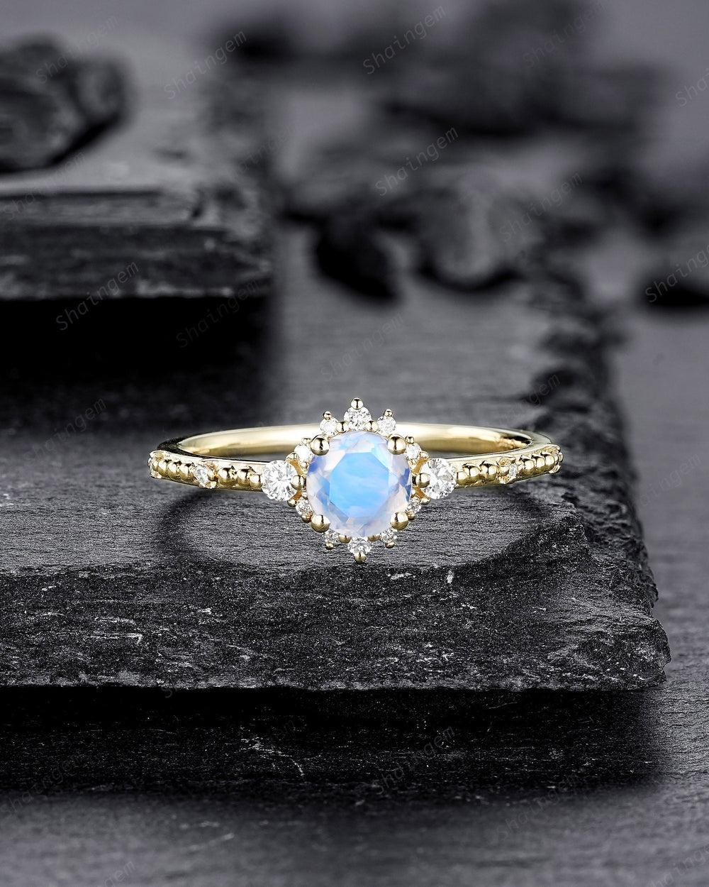 Dainty Natural Moonstone Engagement Ring, Unique Yellow Gold Round Cut Moonstone Floral Promise Ring, Milgrain Wedding Ring Gift for Women - ShainJewelry