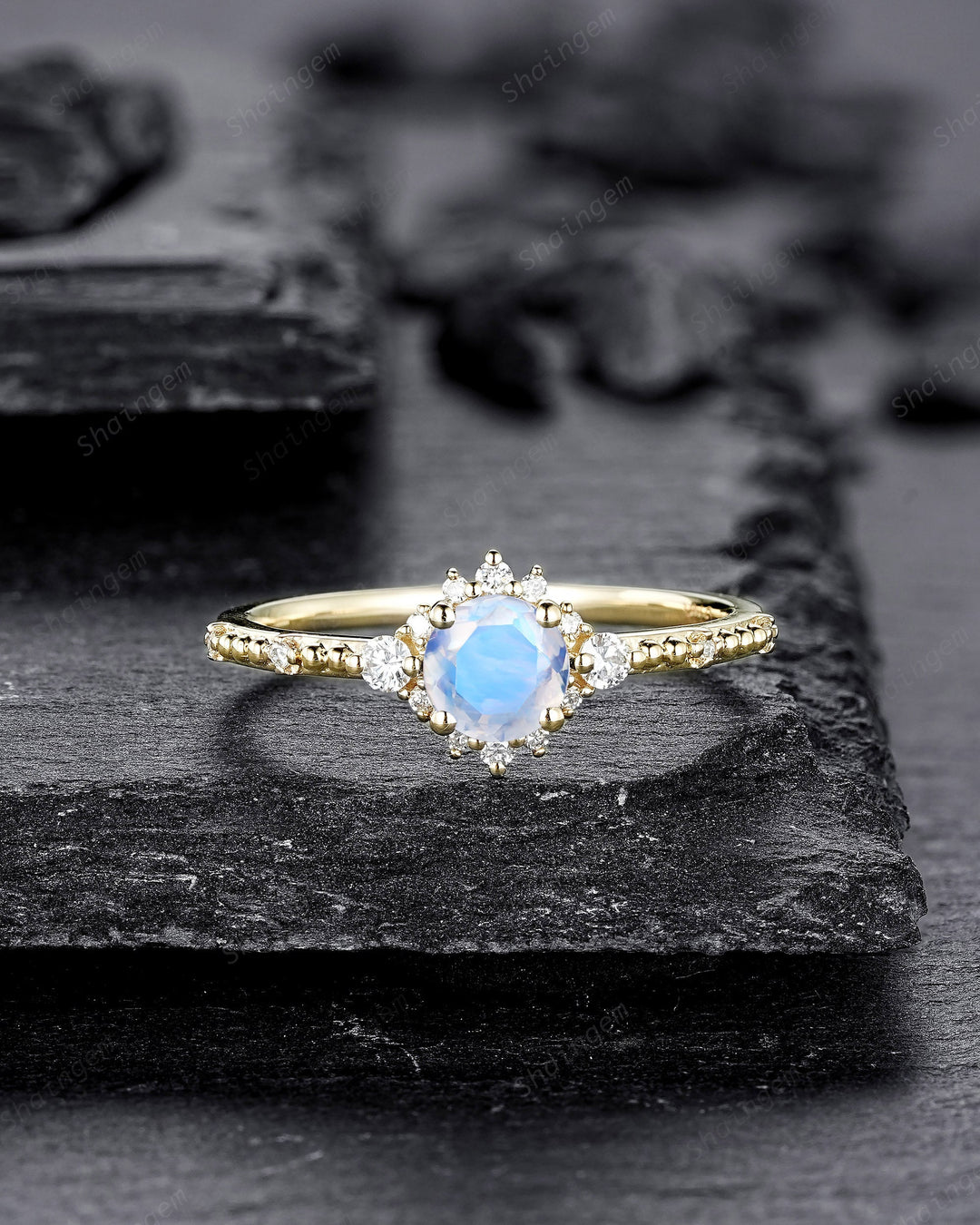 Dainty Natural Moonstone Engagement Ring, Unique Yellow Gold Round Cut Moonstone Floral Promise Ring, Milgrain Wedding Ring Gift for Women - ShainJewelry