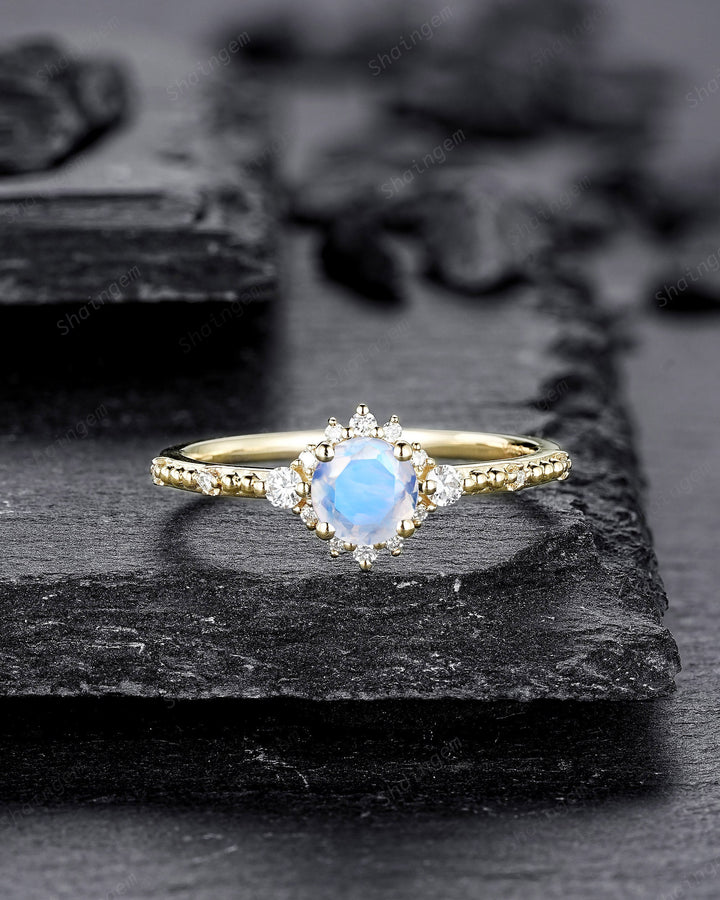 Dainty Natural Moonstone Engagement Ring, Unique Yellow Gold Round Cut Moonstone Floral Promise Ring, Milgrain Wedding Ring Gift for Women - ShainJewelry