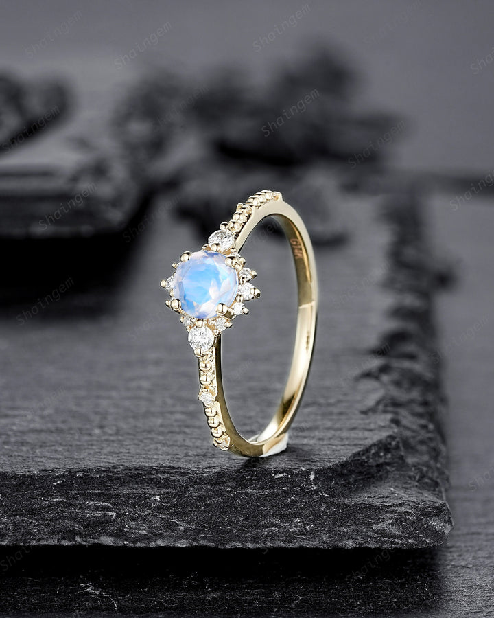 Dainty Natural Moonstone Engagement Ring, Unique Yellow Gold Round Cut Moonstone Floral Promise Ring, Milgrain Wedding Ring Gift for Women - ShainJewelry