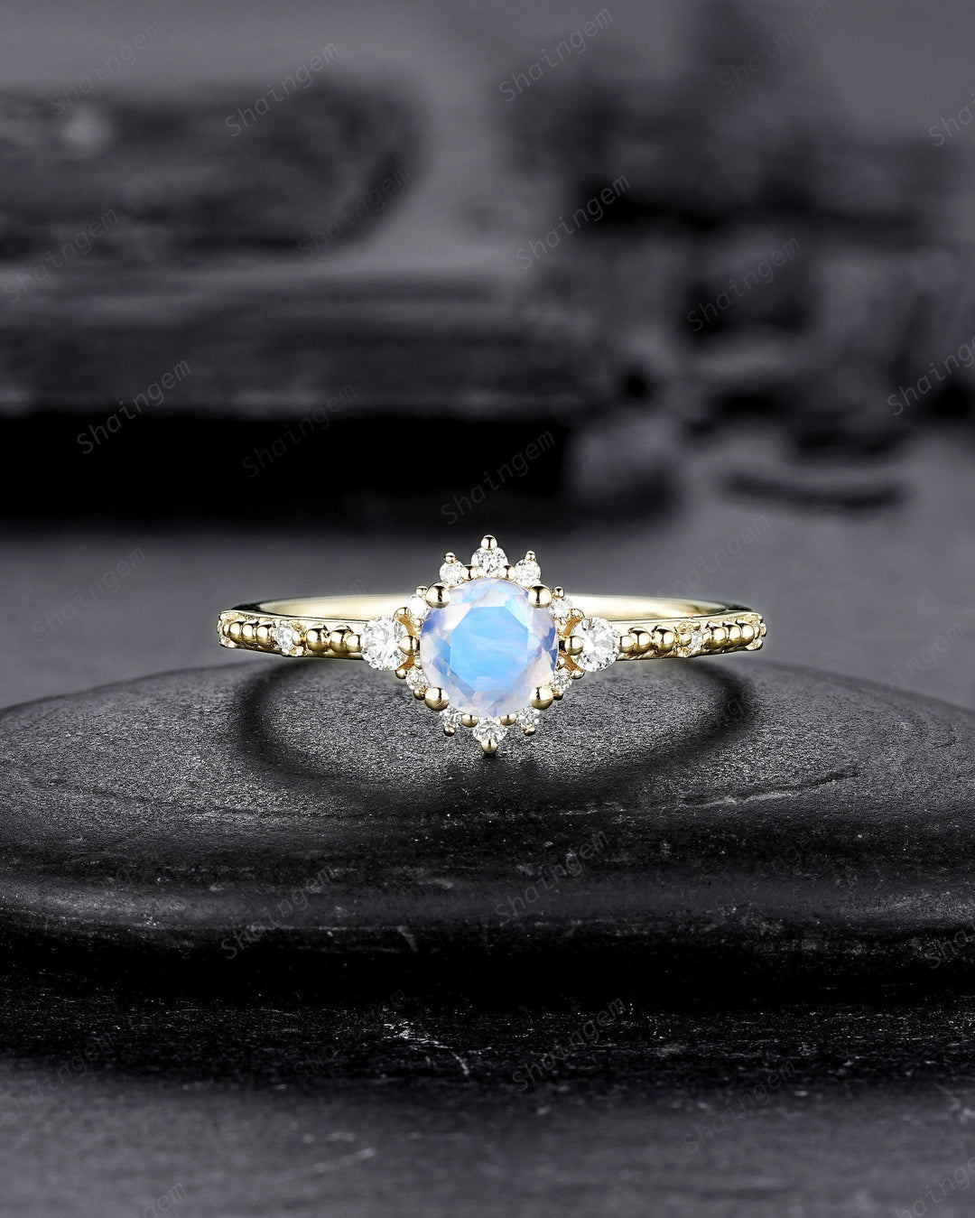 Dainty Natural Moonstone Engagement Ring, Unique Yellow Gold Round Cut Moonstone Floral Promise Ring, Milgrain Wedding Ring Gift for Women - ShainJewelry