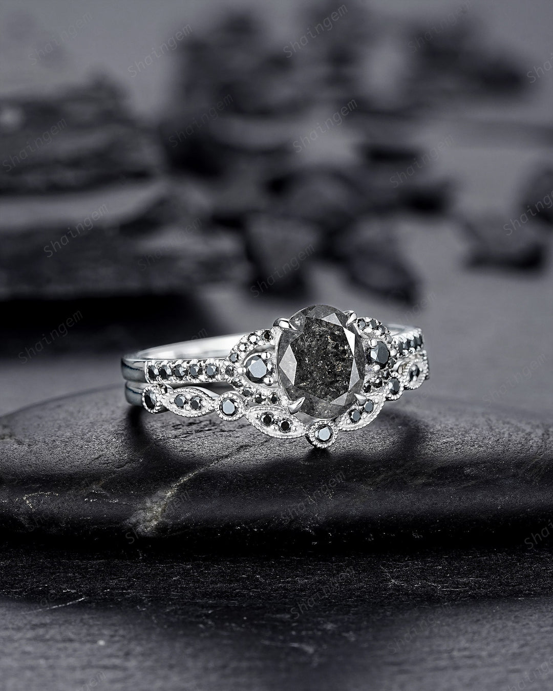 Platinum Natural Salt and Pepper Diamond Engagement Ring Set, Gray Diamond Promise Ring, White Gold Oval Shape Black Diamond Wedding Ring - ShainJewelry