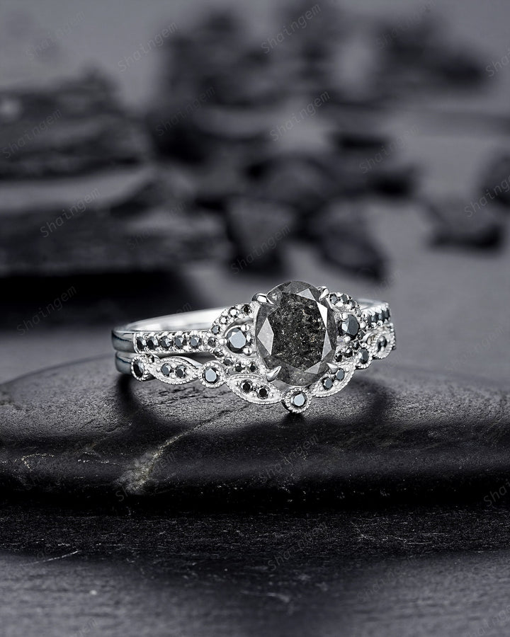 Platinum Natural Salt and Pepper Diamond Engagement Ring Set, Gray Diamond Promise Ring, White Gold Oval Shape Black Diamond Wedding Ring - ShainJewelry