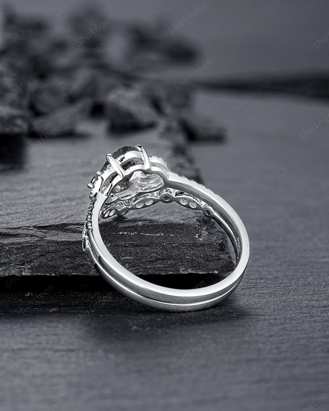 Platinum Natural Salt and Pepper Diamond Engagement Ring Set, Gray Diamond Promise Ring, White Gold Oval Shape Black Diamond Wedding Ring - ShainJewelry