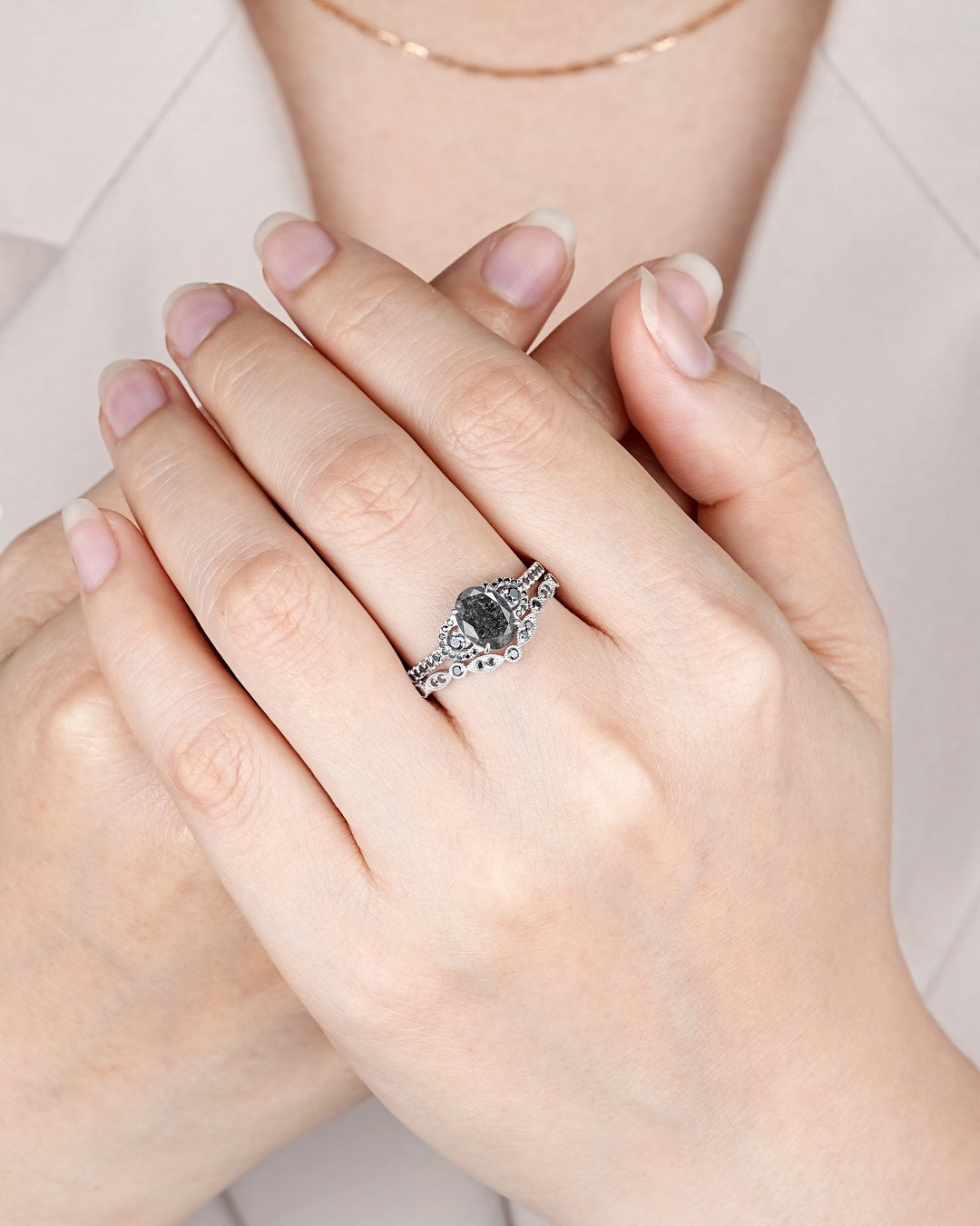 Platinum Natural Salt and Pepper Diamond Engagement Ring Set, Gray Diamond Promise Ring, White Gold Oval Shape Black Diamond Wedding Ring - ShainJewelry