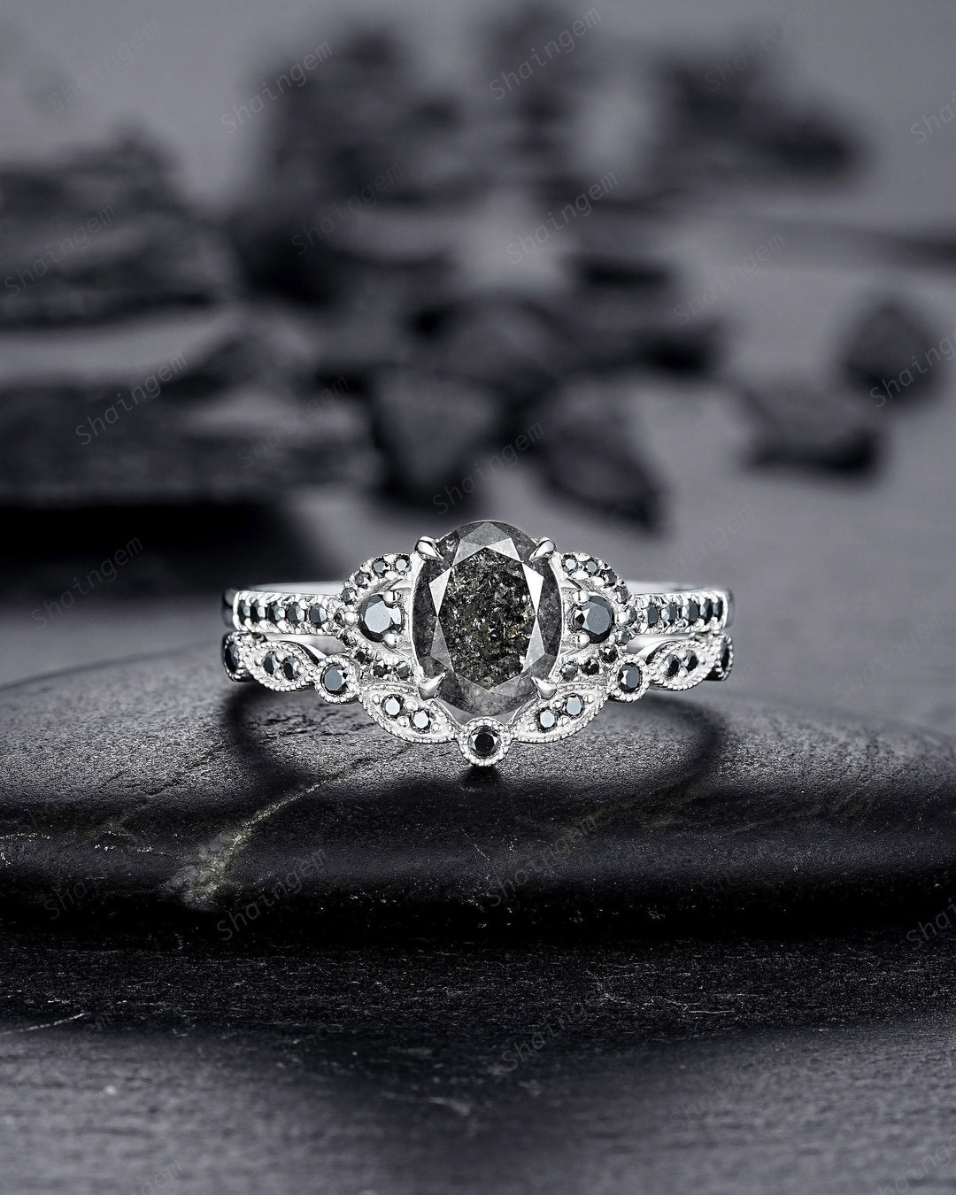 Platinum Natural Salt and Pepper Diamond Engagement Ring Set, Gray Diamond Promise Ring, White Gold Oval Shape Black Diamond Wedding Ring - ShainJewelry
